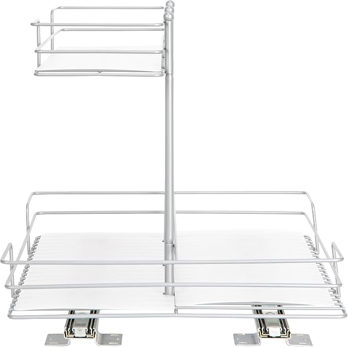 Household Essentials Glidez Steel Pull-Out/Slide-Out Storage Organizer with Plastic Liners for Under Sink or Wire Shelf Use - 2-Tier Design - Fits Standard Size Cabinet or Shelf, Brushed Silver