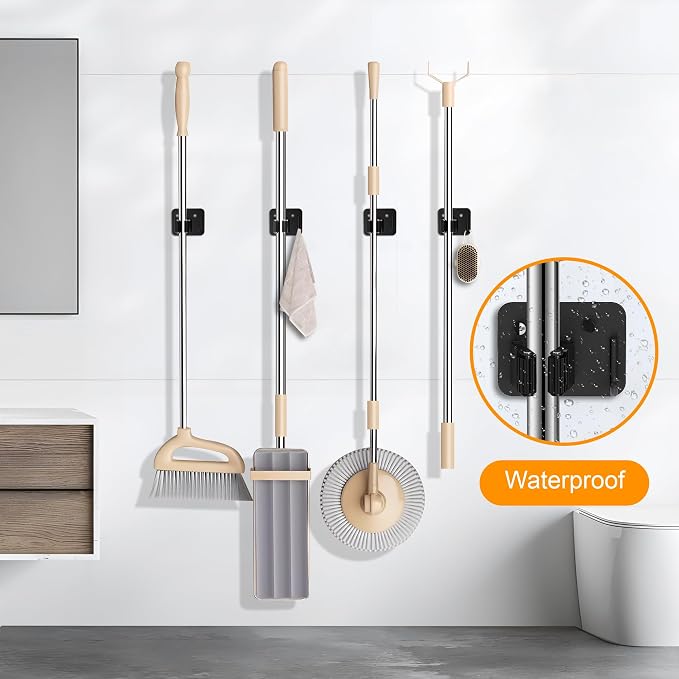 4 Pack Stainless Steel Heavy Duty Broom Holder Wall Mount with Hook, Black | Screw Drilling Broom and Mop Organizer Wall Hanging, Storage Rack for Laundry Garage Closet Garden Tool Organizer