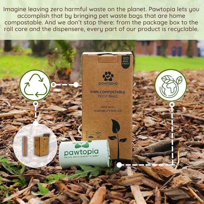 Pawtria Home Compostable Dog Poop Bags (120) with Paper Poop Bag Dispenser | 120 Compostable Dog Poop Bags with Reusable Paper Dispenser, Leak-Proof, Easy Open, TÜV AUSTRIA Certified