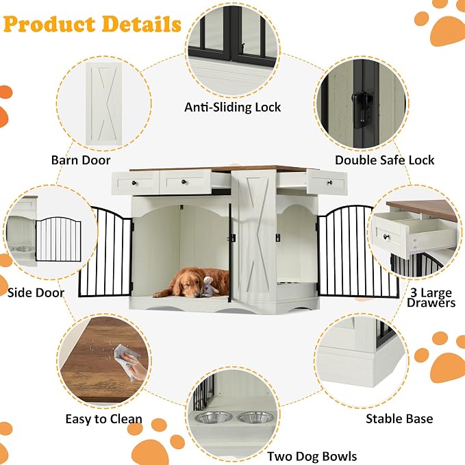 43.3" Farmhouse Dog Crate, Furniture Style Dog Cage with 3 Drawers, Removable Feeder and 2 Bowls, Wooden Heavy Duty Dogs Crates End Table for Medium Large Dogs, Beige+Brown