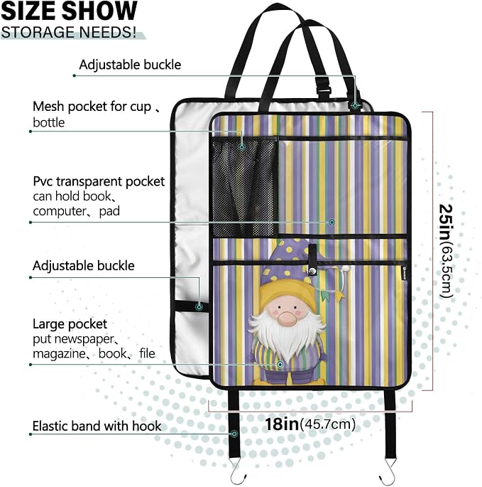 1 Pack Back Seat Car Organizer with Storage Pockets Kick Mats Back Seat Protector Hanging Car Organizer Automotive Seat Back Cover Organizers Stripe Mardi Gras Gnome