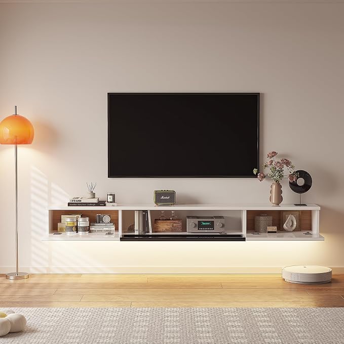 FurniNova 55 inch Floating TV Stand, Modern PET High Gloss Wall Mounted Media Console with Glass Door, Plywood Entertainment Center for 65 inch TV,White