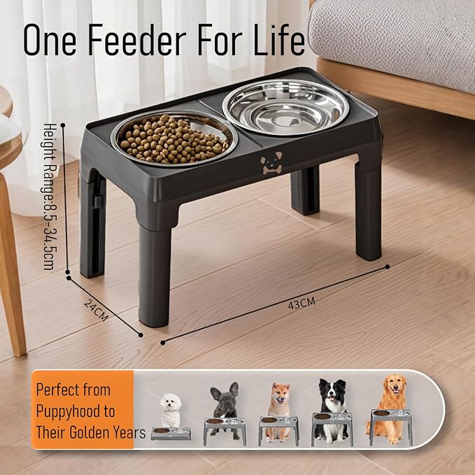 Elevated Dog Bowls Large Breed Raised Dogs Bowl Stand Large/Medium Sized Dog Stainless Steel Food Water Bowl Stands 5 Heights Adjustable 9/11/12/14in Black Pet Feeder Dish Station