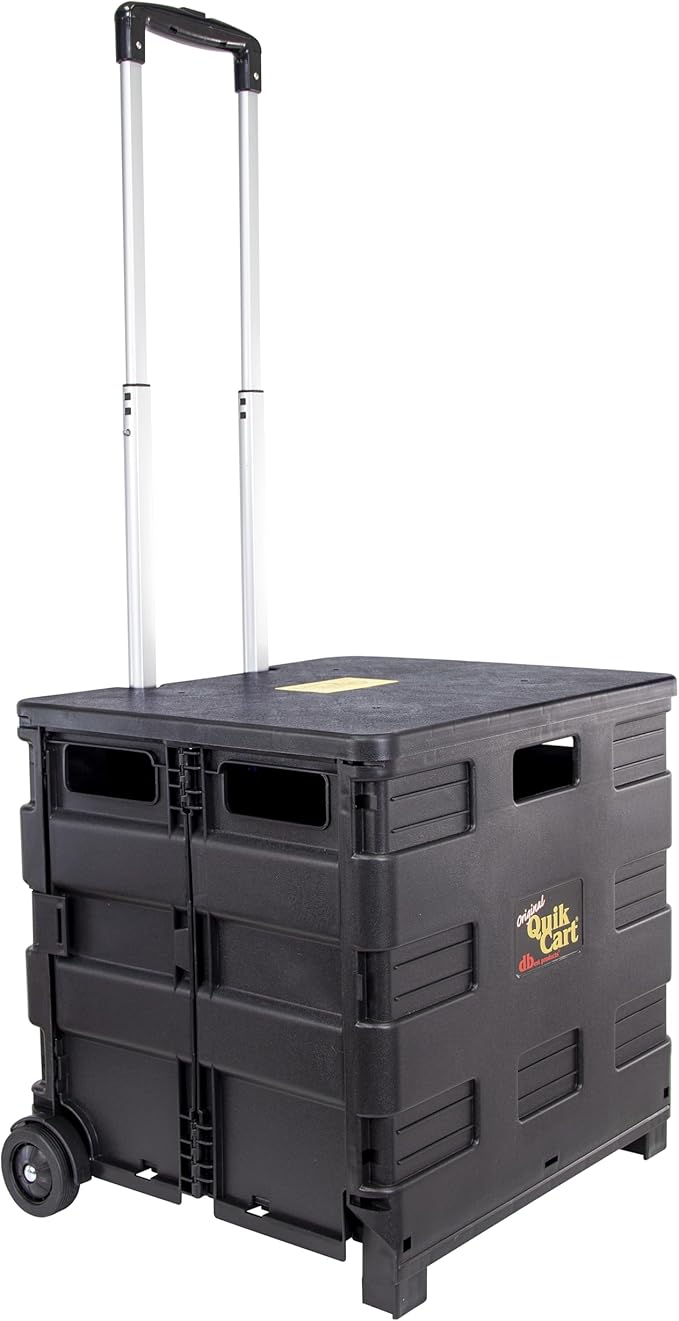 dbest Products Quik Cart Standard Collapsible Rolling Crate - Black | with Wheels, Roll Up to 80 lbs Capacity, Heavy Duty Plastic Construction, Telescoping Handle, Foldable Utility Cart