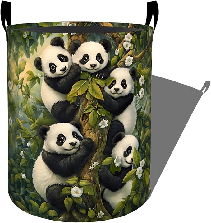 Cute Panda Laundry Basket, Black White Forest Animal Storage Hamper, Round Collapsible Waterproof Cloth Bin, 19.7x15.7 Inch Soft Clothes Organizer Gifts for Bathroom Decor