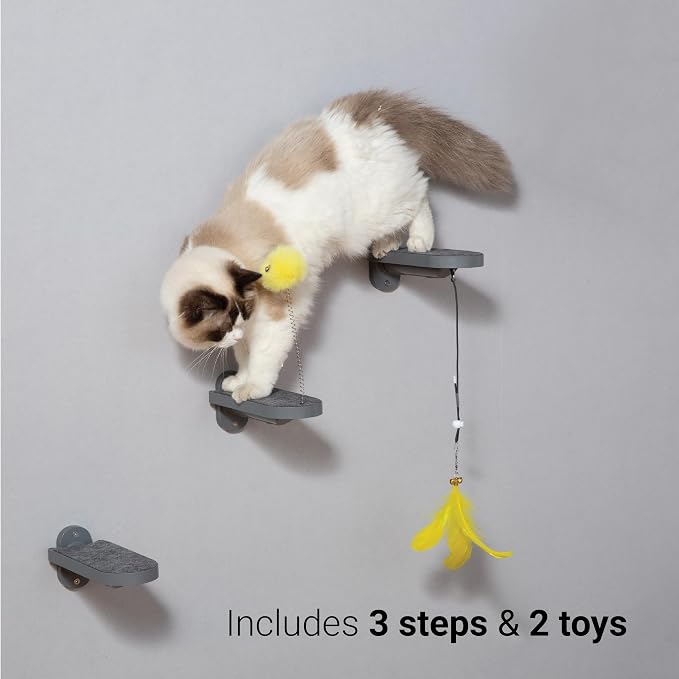 3-Pack Cat Steps, Climbing Stairs with Replaceable Felt Pad, Shelves with Cat Toy, Wall Furniture (Dark Grey)