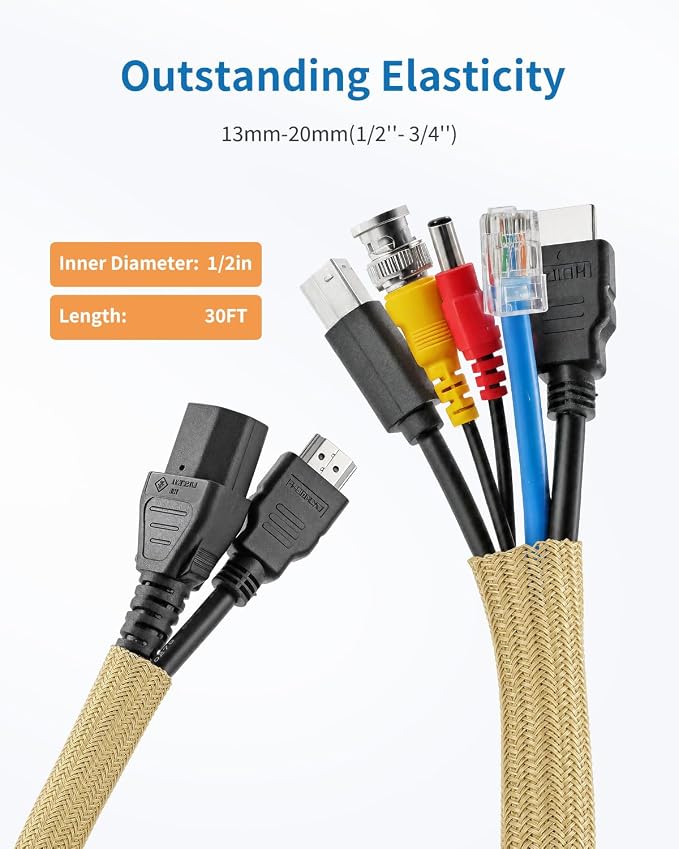 Yecaye 30ft - 1/2 inch Cord Protectors from Pets no Chew, Gold | Split Cable Management Sleeves, Wire Loom Tubing for TV USB Cord Protector, Cord Covers for Pets Bite-Resistant