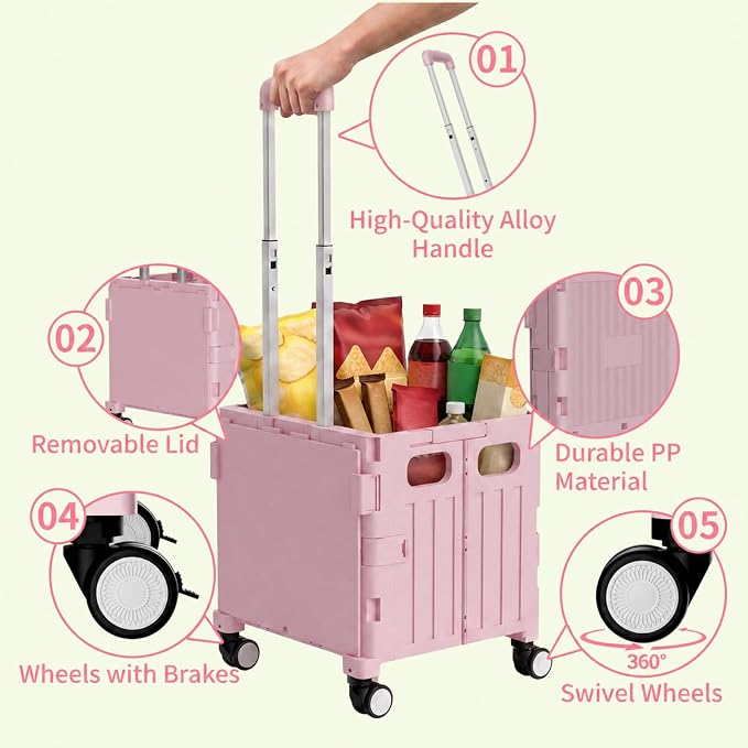 Foldable Shopping Cart with Wheels: Pink Rolling Utility Crate | Adjustable Handle, All-Terrain Wheels, Multipurpose Grocery Trolley for Teacher, Market, Office, Luggage, Laundry, Garden