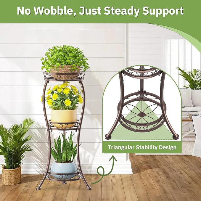 KMOTASUO Metal Plant Stand Tall for Indoor Outdoor Corner, 3 Tier Bronze | Heavy Duty Flower Holder Rack, Modern Vertical Iron Shelf for Patio Bathroom Office Garden