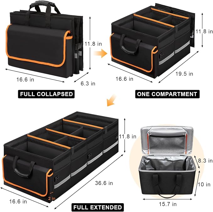 GDNasist Car Trunk Organizer and Storage for Car, SUV & Sedan, Extra Large | Collapsible Trunk Organizers with Lid & Removable Cooler Bag, Car Accessories, Removable Dividers for Custom Space, Interior