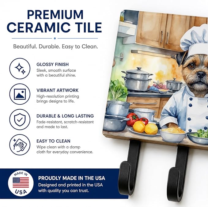 Caroline's Treasures Border Terrier The Chef Leash or Key Holder Wall Hooks, Key Hooks Holder, Coat Rack Wall Mount, Coat Hooks, Hooks for Hanging Keys, Towels, Aprons, Leashes | Border Terrier The Chef artwork on ceramic tile with three steel hooks fo...