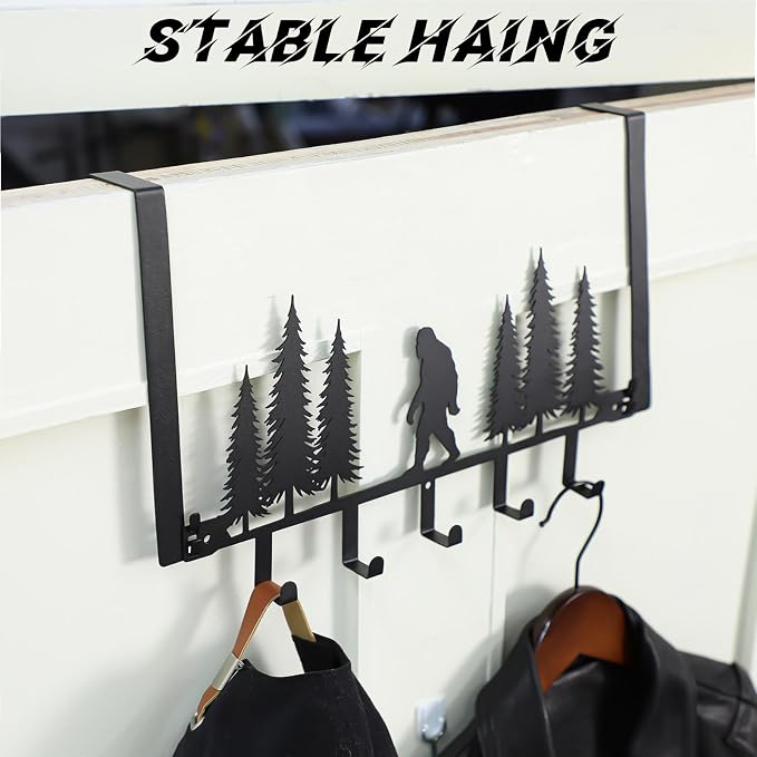 AceOrbit Black Bigfoot Over The Door Hooks Hanger 5 Hooks Rustic Decor | for Bedroom Bathroom, Organizes Towels Hats Clothes, Farmhouse Decor, Over the Door for Kids