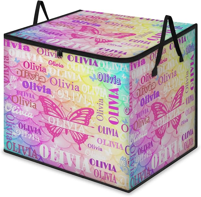 Personalized Large Storage Basket with Lid, Comforters, Bedding Storage Bin with Handles for Home, Collapsible Basket for Clothes, Moving, Car Trunk, Coolorful Pink Mermaid Scale with Butterfly