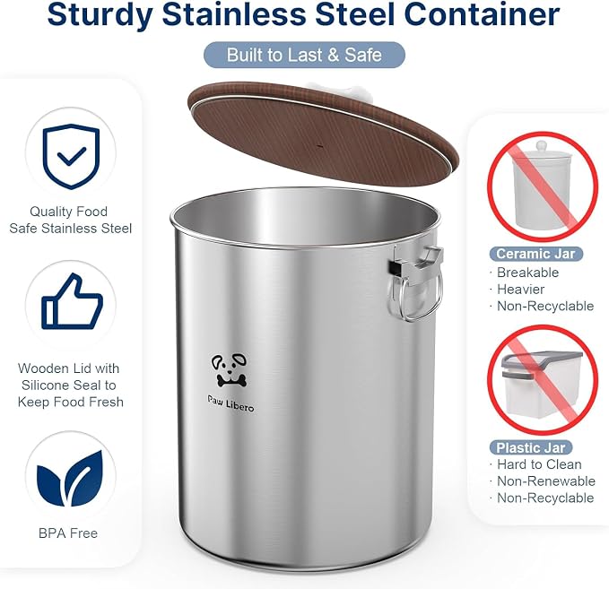 Paw Libero 2PK 25 Lbs total 50 Lbs Stainless Steel Dog Food Storage Container with Airtight Wooden Lid & Ceramic Bone Handle, Large Metal Dog Food Bin for Dogs & Cats