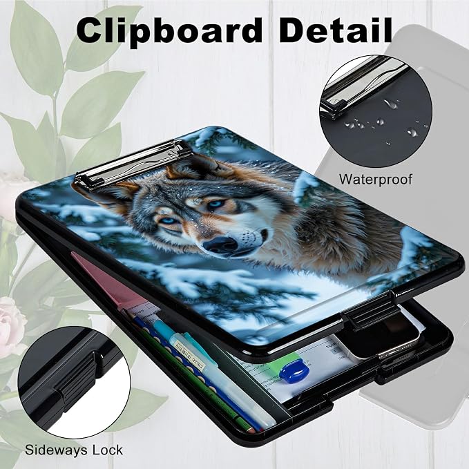 Heavy Duty Storage Clipboard, Slim Nursing Clipboard with Internal Pen Case, Portable File Organizer Case for A4 Letter Size Paper Office Medical Professionals, Snow Forest Wolf