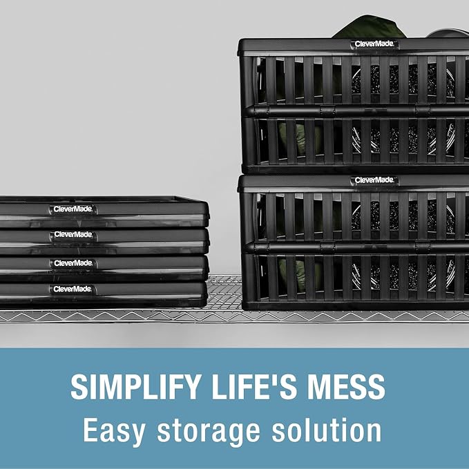 CleverMade Collapsible Utility Crates, 60L Storage Crate, 3 Pack, Obsidian | Haul Bigger Loads Without Sagging | Reinforced Base Bracing Holds 66 lb | 3-High Stacking and Fold-Flat Storage Save Space