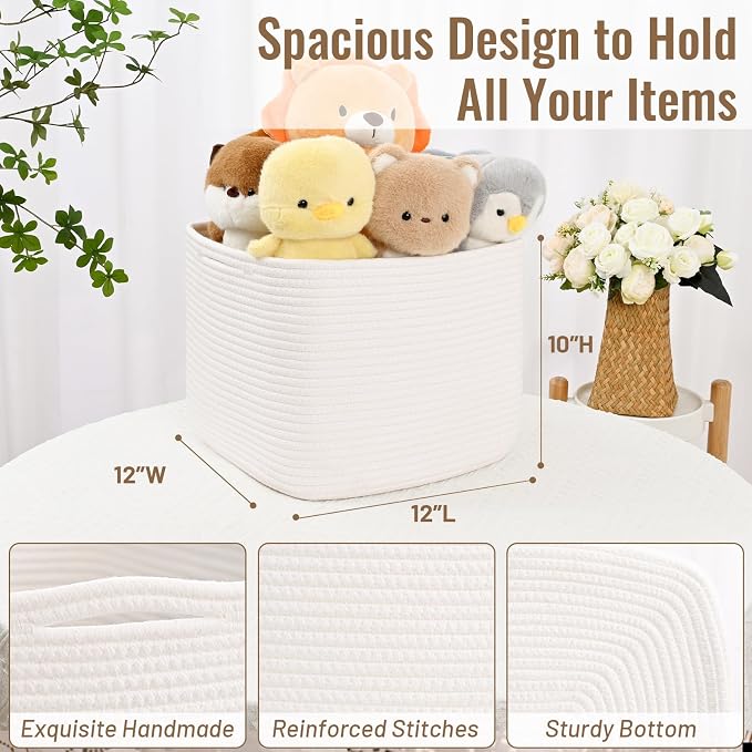 3 Pack Cube Storage Bin, 12”x12”x10” Cotton Rope Woven Baskets for Organizing Toys Clothes Towels, Square Gift Storage Baskets for Shelves, Nursery, Closet, Bathroom, Pantry (White)