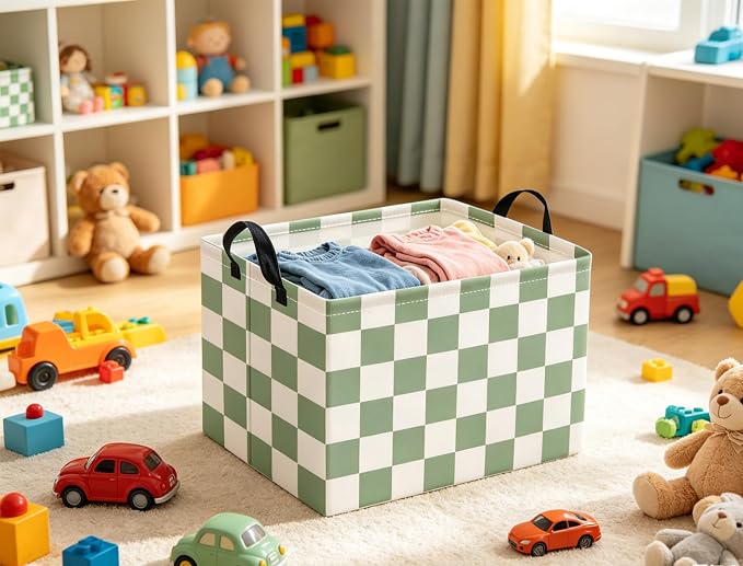 Rectangular Kids Basket Baby Girl Basket Fabric Storage Bin Organizer Box Room Decor(Green Checkered)