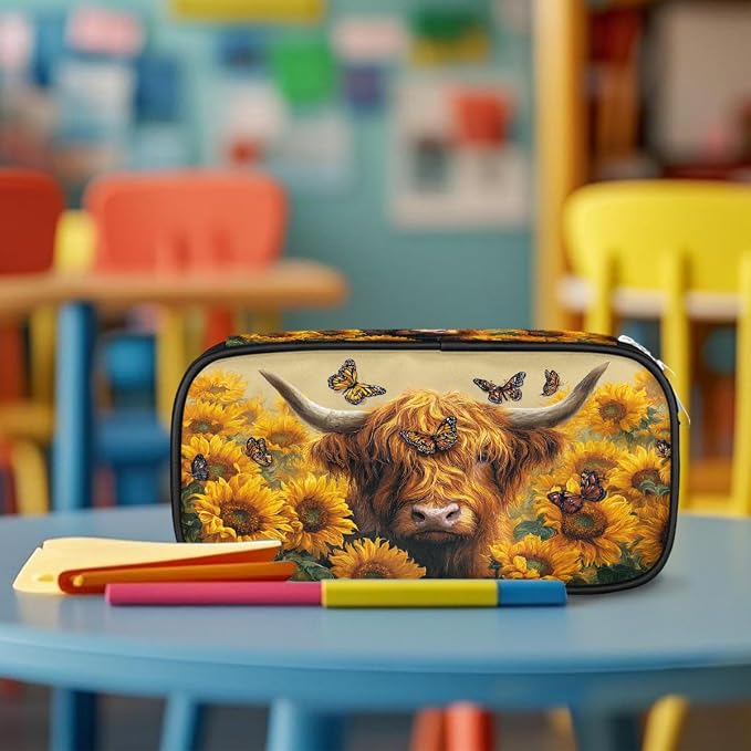 Pencil Cases Large Capacity Pen Pouch, Sunflower Cow Butterfly Pencil Box Organizer School Supplies for College Student Teen Adults