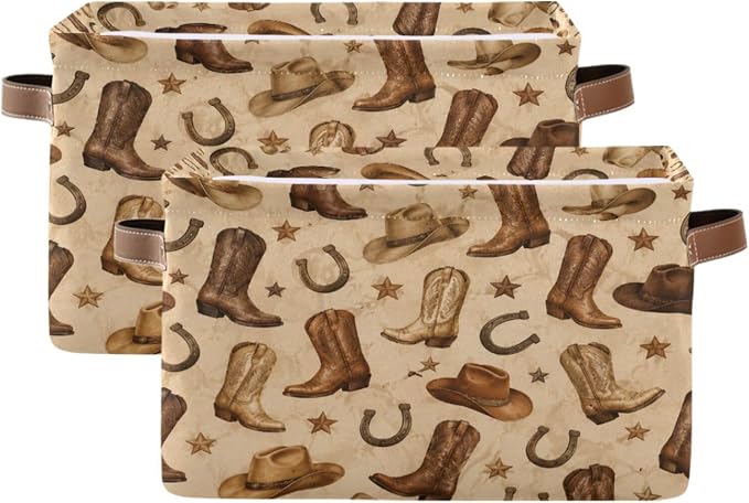 Kigai Storage Basket, Fabric Collapsible Closet Organizer Bin | Western Print Waterproof Foldable Canvas Basket with Handles for Shelves, Nursery, Closet, Bedroom & Bathroom
