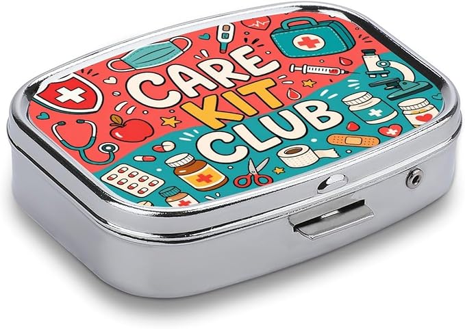 Care Kit Club Doodle Collage Two Compartment Pill Box Medicine Organizer, Portable Pill Case with Secure Snap Closure for Vitamins Medication Supplements Daily Use
