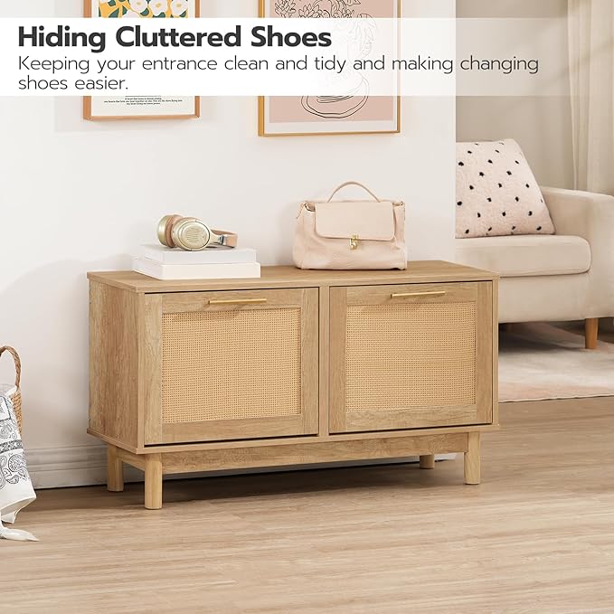 HOOBRO Shoe Storage Bench, Rattan Entryway Bench with 2 Flip Drawers, 39.4'' Hidden Shoe Cabinet with Adjustable Shelves, Comfort Seat Holds 300lb, Large Capacity Fits 8-12 Pairs, Natural NL51HX01