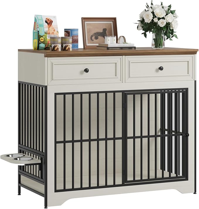 QUW 42" Modern Dog Crate Furniture, Wooden Dog Kennel for Medium to Large with 360° Rotating & 3-Levels Adjustable Height Dogs Bowl Holder, Decorative Dogs cage Pet House Indoor, Antique White