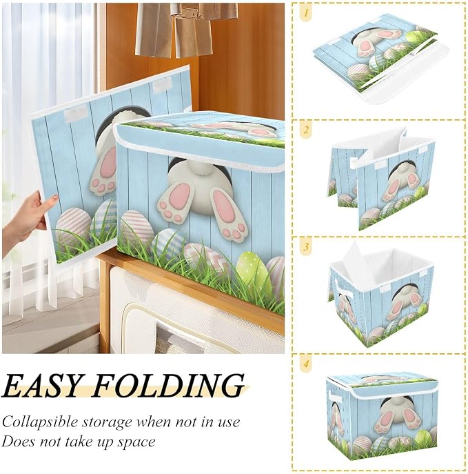 senya Easter Baskets Collapsible Storage Bins with Lids, Easter Bunny Bottom with Pink and Blue Eggs Storage Boxes Clothes Baskets for Organizing