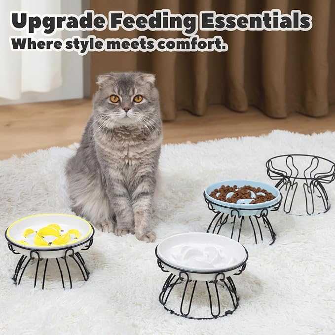 Raised Cat Bowl Stand Metal - Elevated Cat Food Dish Holder with Anti-Slip Sleeves - Lifted Feeding Station Anti Vomiting - 6.7" W x 3.9" H - Black (Bowl Not Included)