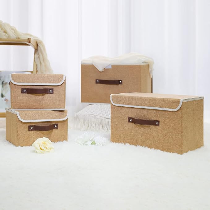 ANMINY Fabric Storage Box Bins with Lids, Khaki, 10"x8"x7", 4 Pack | Keepsake Memory Storage, Cotton Linen, PP Board Reinforced, Washable, PU Handles, Foldable & Stackable, Decorative, Small