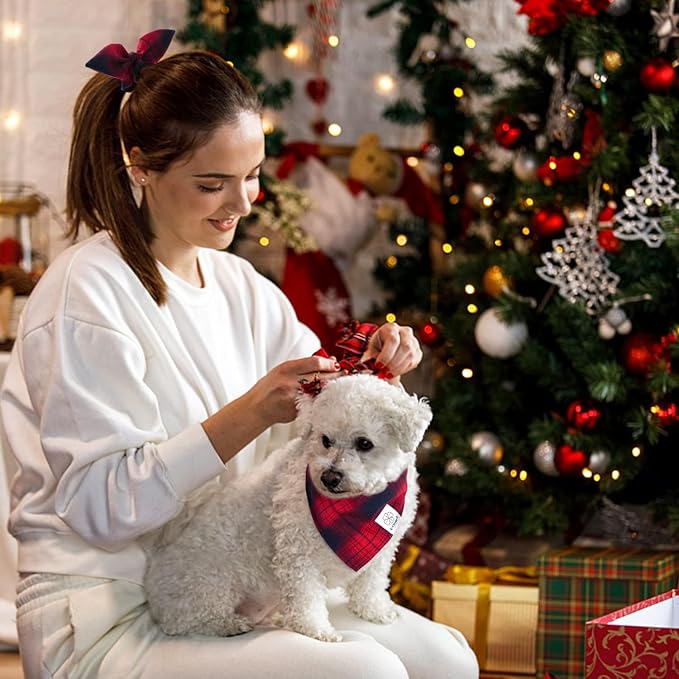 E-Clover Christmas Red Dog Bandanas Matching Dog Bandana and Scrunchie | Red Plaid Dog Bandana Matching Dog and Owner Clothes Dog Mom Gifts Dog Bandanas Girl