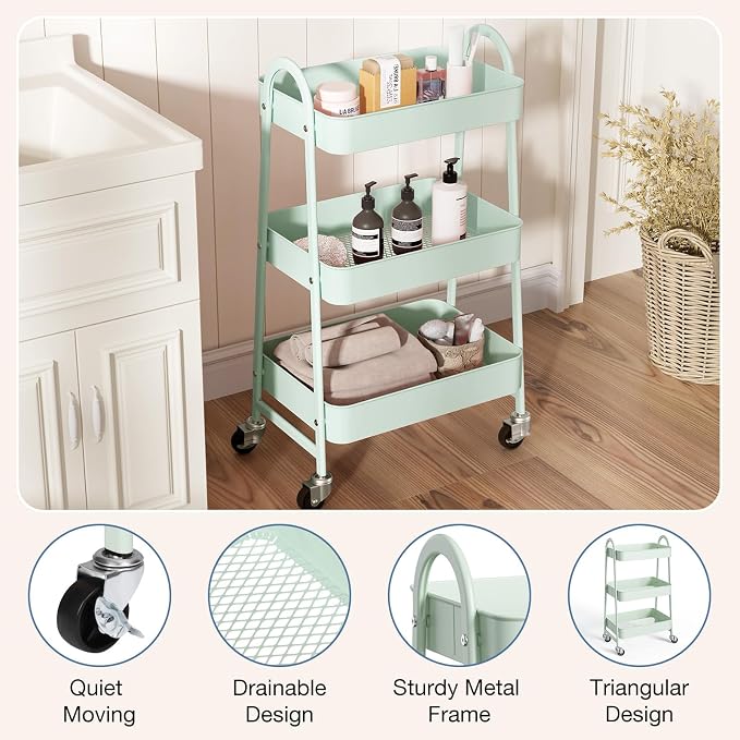 OLIXIS Metal 3 Tiers Rolling Storage Utility Cart with Lockable Wheels | Mobile Organizer Shelf, Space-Saving, Freestanding, Bathroom, Living Room, Slim, Narrow Corner Spaces, Pale Green