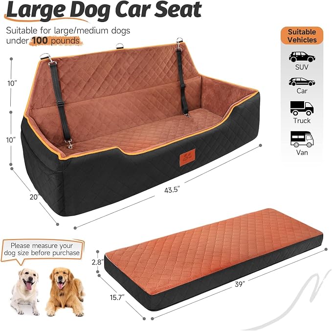 XIEEAOZEE Large Dog Car Seat for Pets Under 100 lbs, Backseat Dog Car Bed | Washable Pet Booster Seat for 2 Medium Dogs, Pet Travel Seat with Storage Pockets, Safety Belts