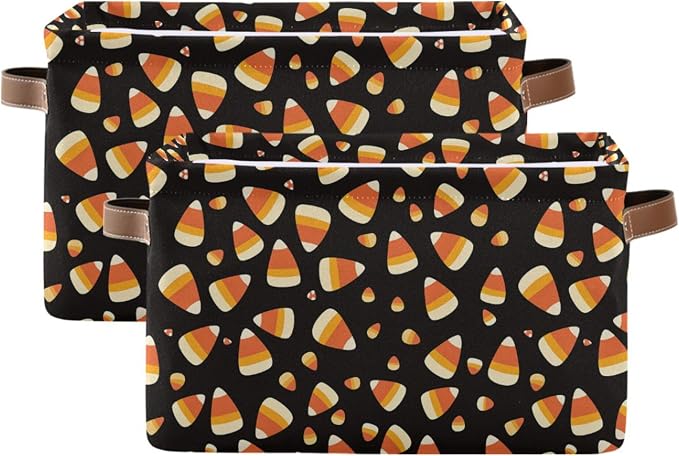 Wamika Halloween Corn Candy Storage Basket with Waterproof Liner and PU Handles Trick or Treat Black Storage Bins Boxes 14.2" Collapsible Decorative Organizer Baskets for Bedroom Closet Office 2 Pack