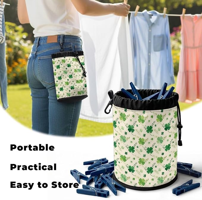 Shamrock Clothespin Bag with Hanging Hook Laundry Canvas Clothes Pin Holder Waterproof Clothespin Bag Clothespin Storage Organizer with Drawstring Closure