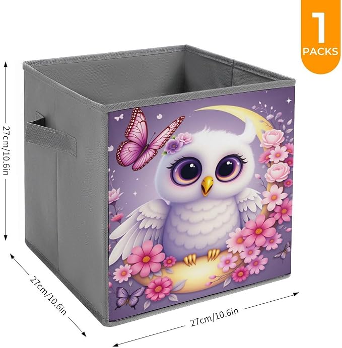 Purple Owl Flower Moon Butterfly Foldable Storage Bins, 10.6" Cube Storage Organizer, Sturdy Oxford Cloth Fabric Baskets for Closet, Shelf, Nursery, Bedroom, Decorative Printed Box for Toys & Clothes