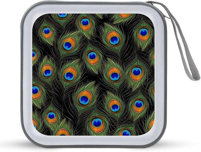 Hard Plastic Protective CD Case Peacock Feathers, 40-Disc Capacity Storage Binder with Zipper, Portable Organizer for Home Office