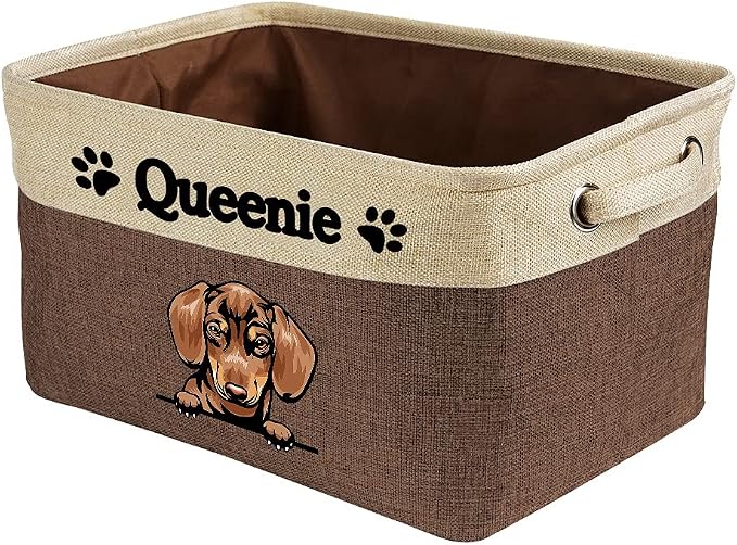 Custom Fabric Dog Toy Storage Basket with Lovely Dog Dachshund Collapsible Sturdy Fabric Pet Toys Storage Bin Cube with Handles for Organizing, Brown and White