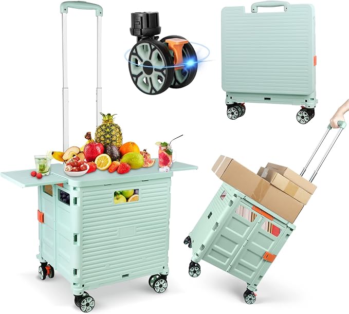 FELICON SELORSS Folding Utility Cart Portable Rolling Crate Handcart-Green | Magnetic Sliding Lid,Telescoping Handle,Plastic Box Dolly,360°Swivel Wheels for Travel Shop Move Laundry Office Teacher Use