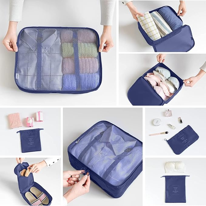 LANSKLBD 6/8 Set Packing Cubes for Suitcases Travel Luggage Packing Organizers,Travel Accessories Essentials Luggage Organizer with Shoe/Tioletry/Laundry Bag (Dark Blue, 8 set)