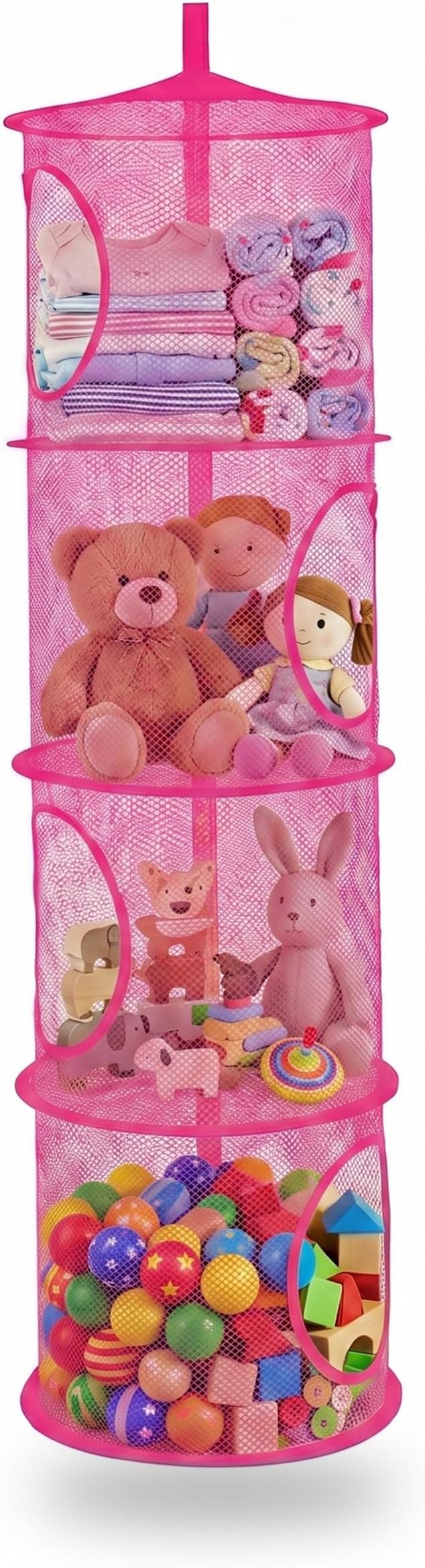 Hanging Stuffed Animal Storage Hammock Net 4 Tiers, Hot Pink | Hanging Mesh Storage Organizer for Kids Room, Holds Plushies, Gloves, Hats, Socks, Foldable Space-saving Design