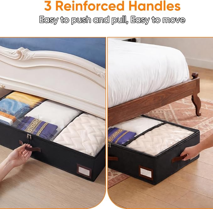 OIAHOMY 2 Pack 53L Under Bed Storage with Adjustable Dividers, 6" Low Profile Underbed Storage Bins for Comforters & Clothes, Save Closet Space with Clear View Lid & Reinforced Handles, Black