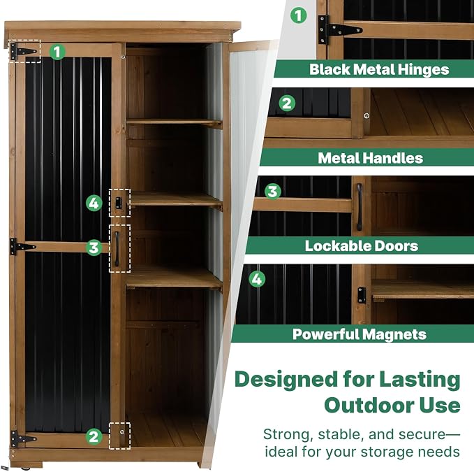 Ketive Outdoor Storage Cabinet, Tall Tool Garden Cabinet with Weather-Resistant Roof, Double Lockable Doors, 3 Removable Shelves & Adjustable Feet, for Patio, Garden, Backyard, 32" x 15.5" x 66"