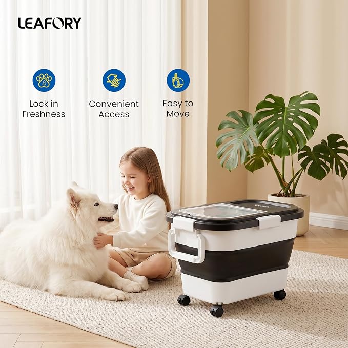 Dog Food Storage Container 15-25lbs, Airtight Pet Food Bin with Locking Lid & Clear Window, Collapsible Rolling Storage Container with Wheels & Scoop, Black