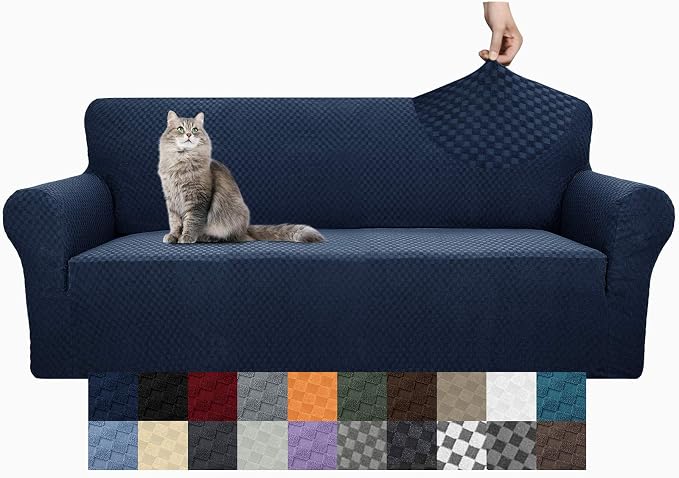 YEMYHOM Couch Cover Latest Jacquard Design High Stretch Sofa Covers for 3 Cushion Couch, Pet Dog Cat Proof Slipcover Non Slip Magic Elastic Furniture Protector (Large, Navy)
