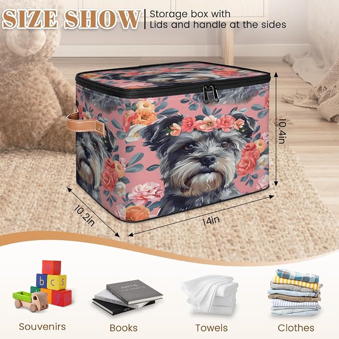 Cute Dogs Floral Storage Box with Zipper Lid