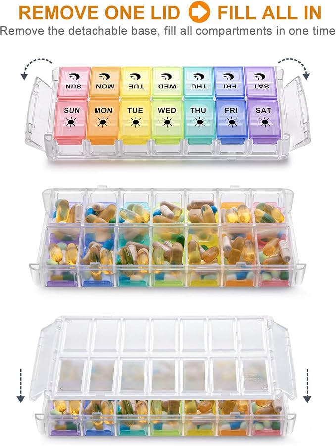 Pill Organizer 2 Times a Day, Fullicon Quick Fill Large Weekly AM PM Pill Box, Medicine Organizer 7 Day, Daily Pill Cases - Rainbow (Patent Registered) (Pack of 2)