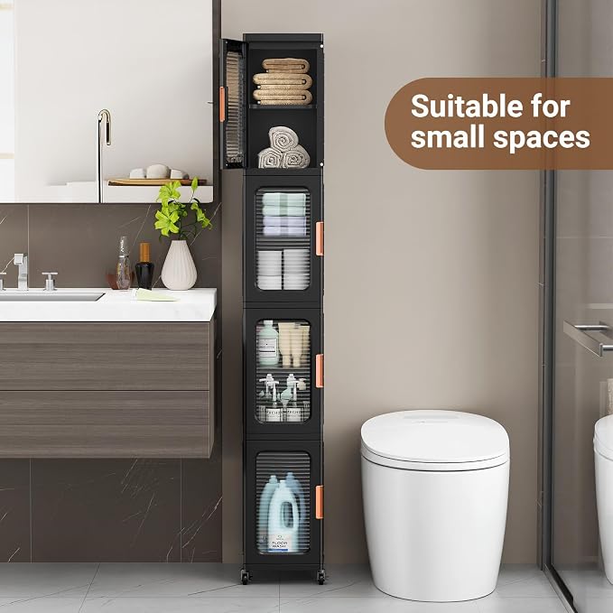BROVIEW 4-Tier Tall Narrow Storage Cabinet Organizer, Slim Bathroom Cabinets with Adjustable Shelves and Doors, Plastic Kitchen Pantry Organizers and Storages for Small Space, Laundry, Black