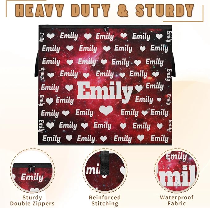 Personalized Name Large Storage Basket with Lid, Canvas Storage Bins Quilt Clothes Organizer for Bedroom, Kitchen, Bathroom, Nursery, Shelves, Closets, Love Heart Red Galaxy
