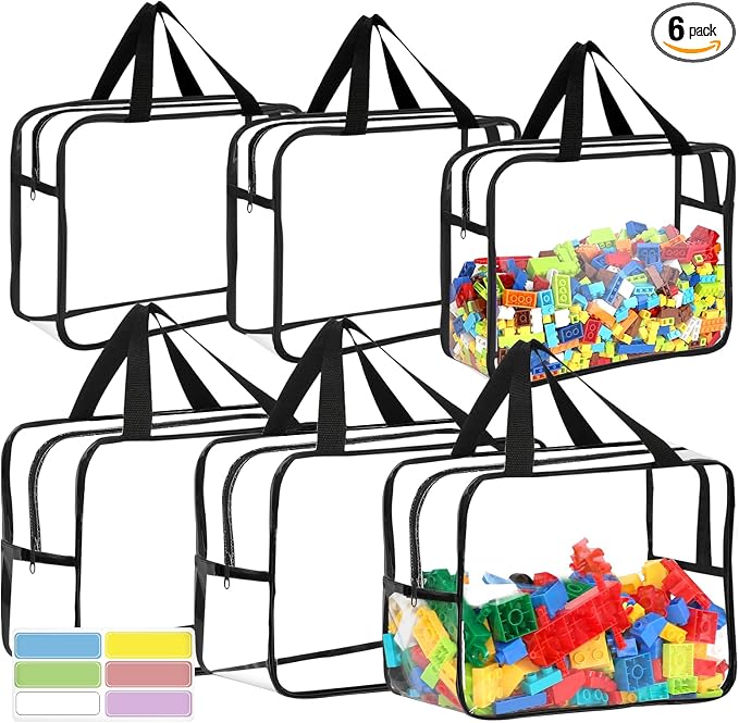 6 Large Toy Storage Bags with Labels Reusable Clear Toy Organizer 3L & 3XL | PVC Waterproof Transparent Organizer Bags with Zipper for Building Blocks, Puzzle, Board Games Travel Storage, Save space